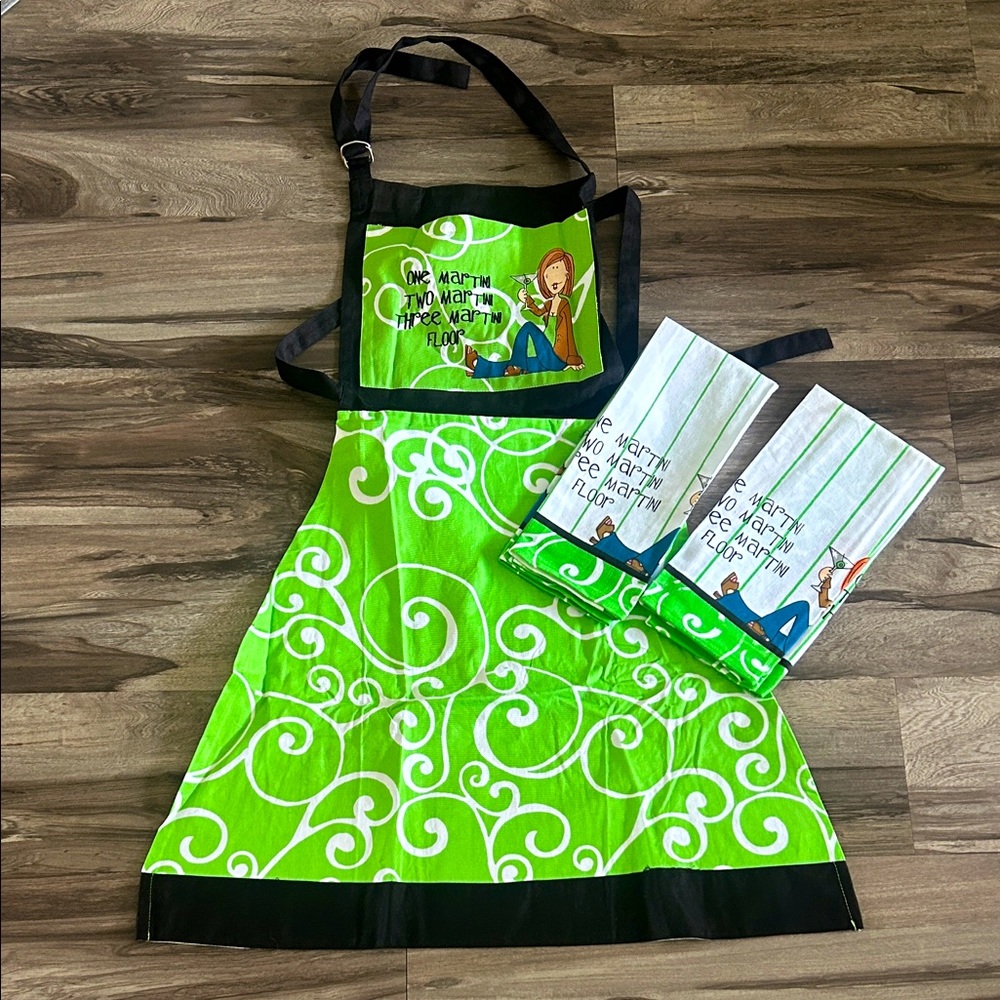 Green Apron and Towel Set with Fun Design